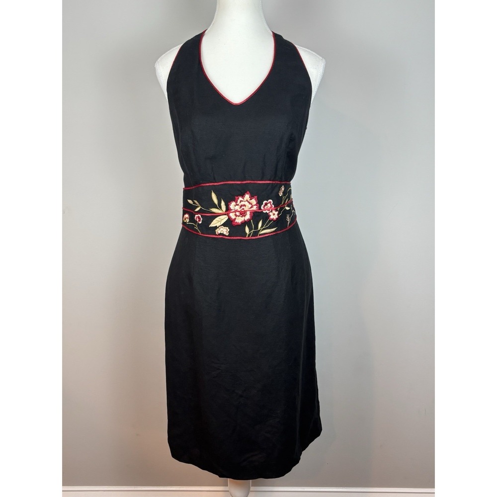 Vintage Y2K 90s Black linen Floral Embroidered A-line Dress  Womens Medium Fairy